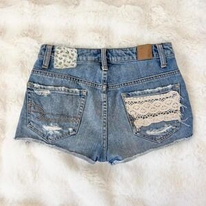 american eagle distressed denim shorts lace floral patch detail